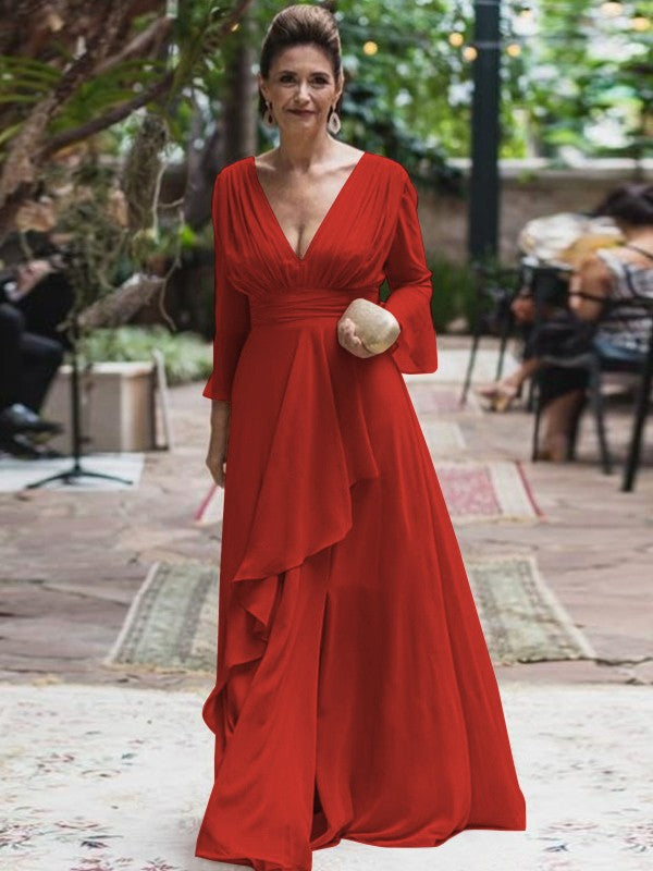 A-Line/Princess Chiffon Ruffles V-neck Long Sleeves Floor-Length Mother of the Bride Dress
