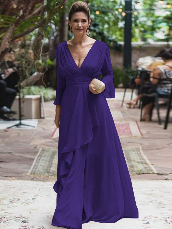 A-Line/Princess Chiffon Ruffles V-neck Long Sleeves Floor-Length Mother of the Bride Dress