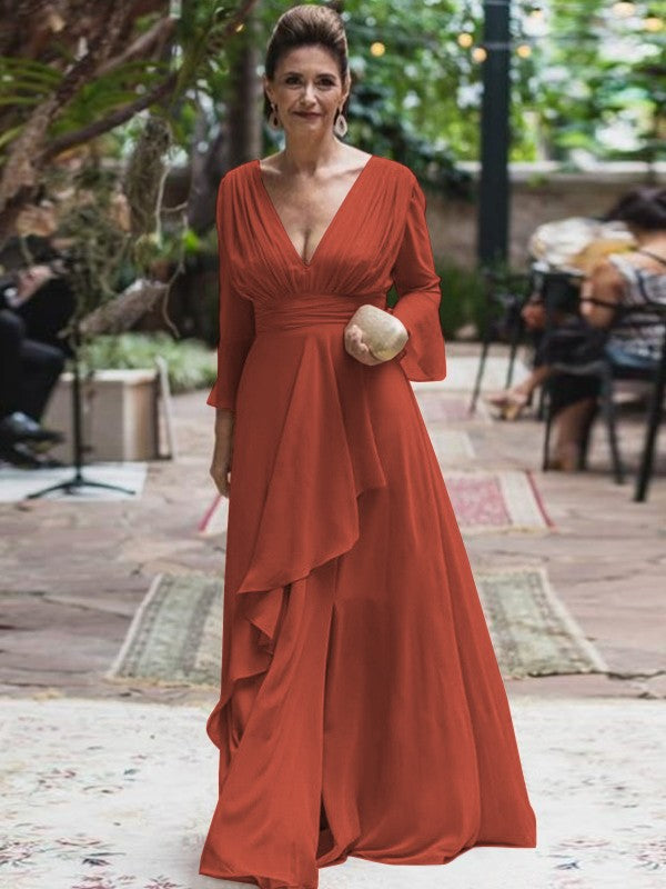 A-Line/Princess Chiffon Ruffles V-neck Long Sleeves Floor-Length Mother of the Bride Dress