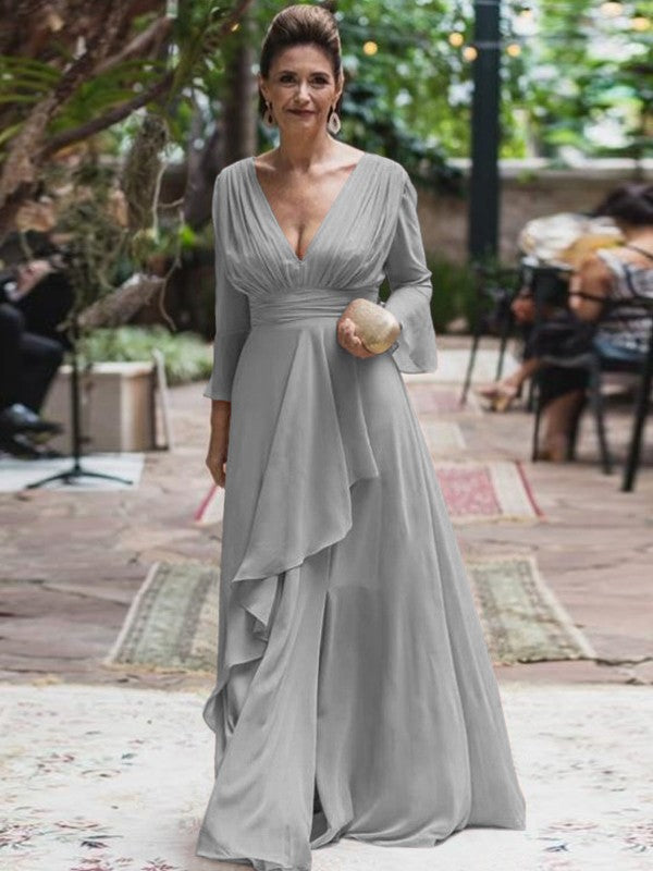 A-Line/Princess Chiffon Ruffles V-neck Long Sleeves Floor-Length Mother of the Bride Dress