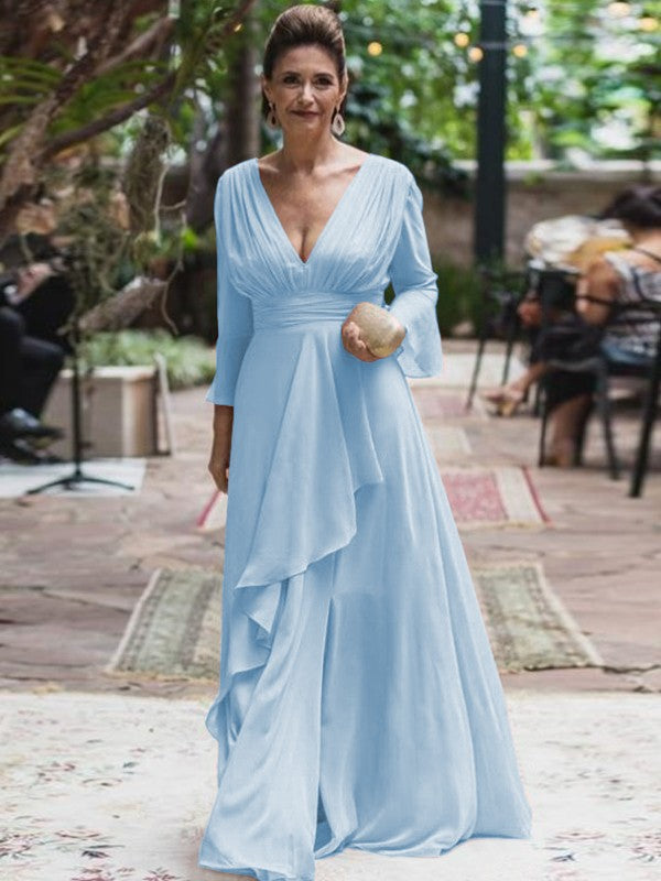 A-Line/Princess Chiffon Ruffles V-neck Long Sleeves Floor-Length Mother of the Bride Dress