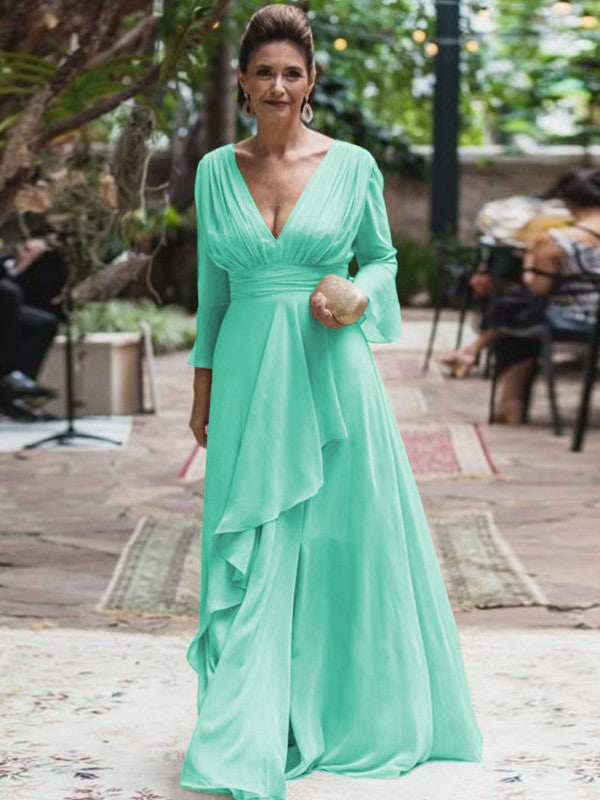 A-Line/Princess Chiffon Ruffles V-neck Long Sleeves Floor-Length Mother of the Bride Dress