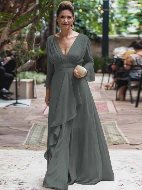 A-Line/Princess Chiffon Ruffles V-neck Long Sleeves Floor-Length Mother of the Bride Dress