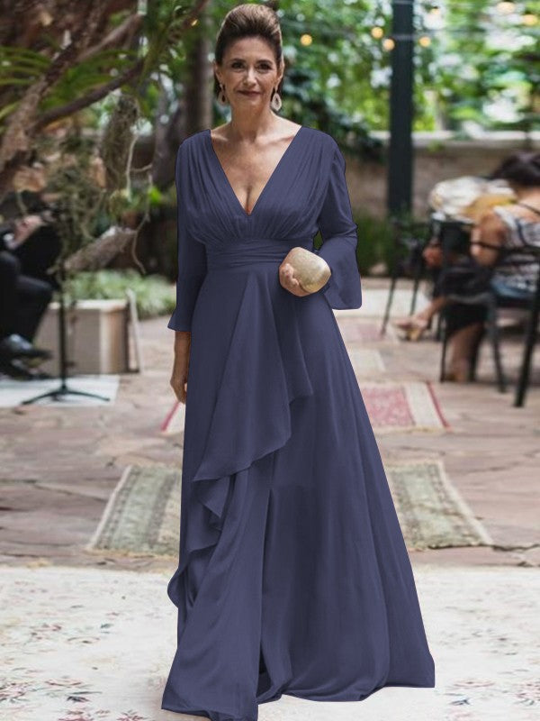 A-Line/Princess Chiffon Ruffles V-neck Long Sleeves Floor-Length Mother of the Bride Dress