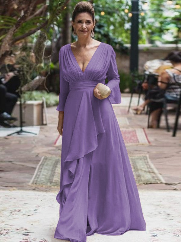 A-Line/Princess Chiffon Ruffles V-neck Long Sleeves Floor-Length Mother of the Bride Dress