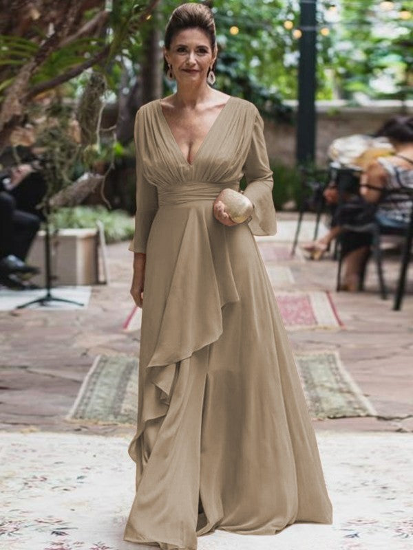 A-Line/Princess Chiffon Ruffles V-neck Long Sleeves Floor-Length Mother of the Bride Dress