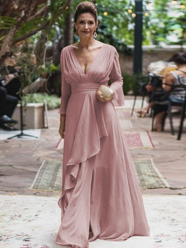 A-Line/Princess Chiffon Ruffles V-neck Long Sleeves Floor-Length Mother of the Bride Dress