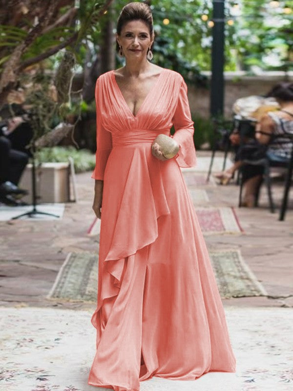 A-Line/Princess Chiffon Ruffles V-neck Long Sleeves Floor-Length Mother of the Bride Dress