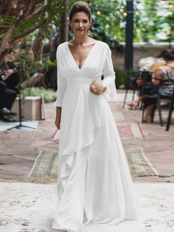 A-Line/Princess Chiffon Ruffles V-neck Long Sleeves Floor-Length Mother of the Bride Dress