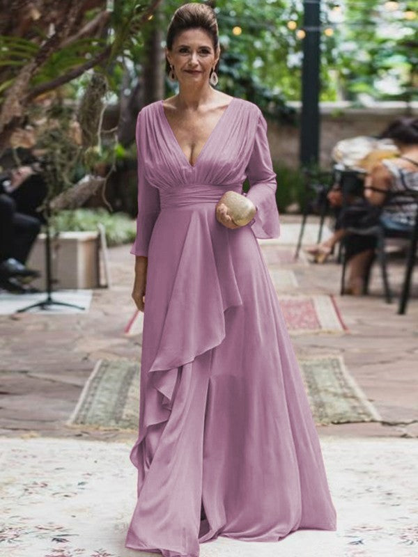 A-Line/Princess Chiffon Ruffles V-neck Long Sleeves Floor-Length Mother of the Bride Dress