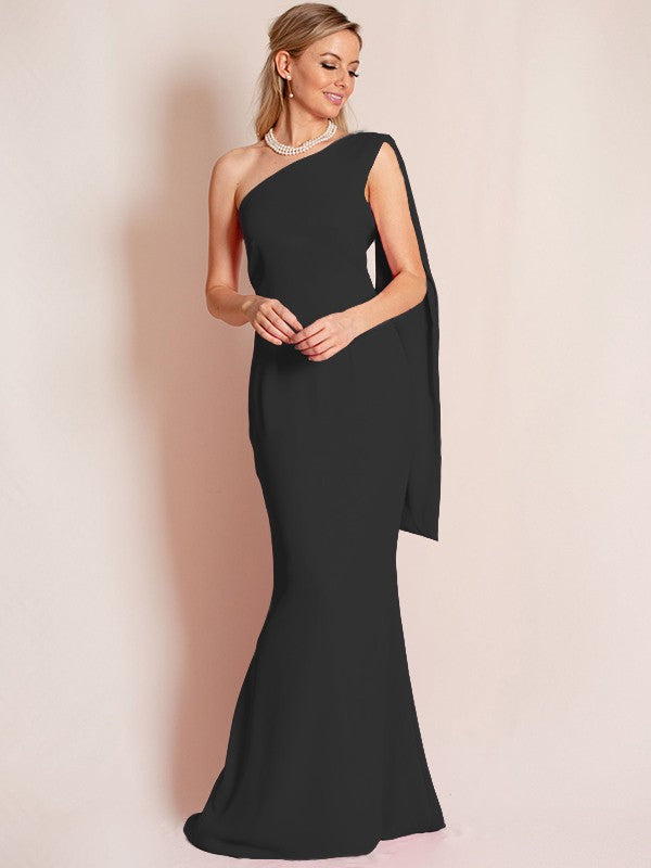 Sheath/Column Stretch Crepe Ruched One-Shoulder Sleeveless Floor-Length Mother of the Bride Dress