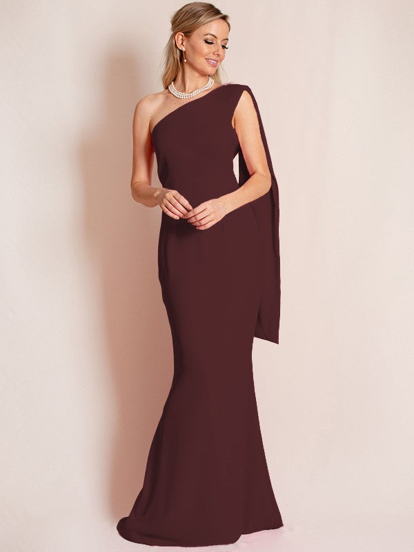 Sheath/Column Stretch Crepe Ruched One-Shoulder Sleeveless Floor-Length Mother of the Bride Dress