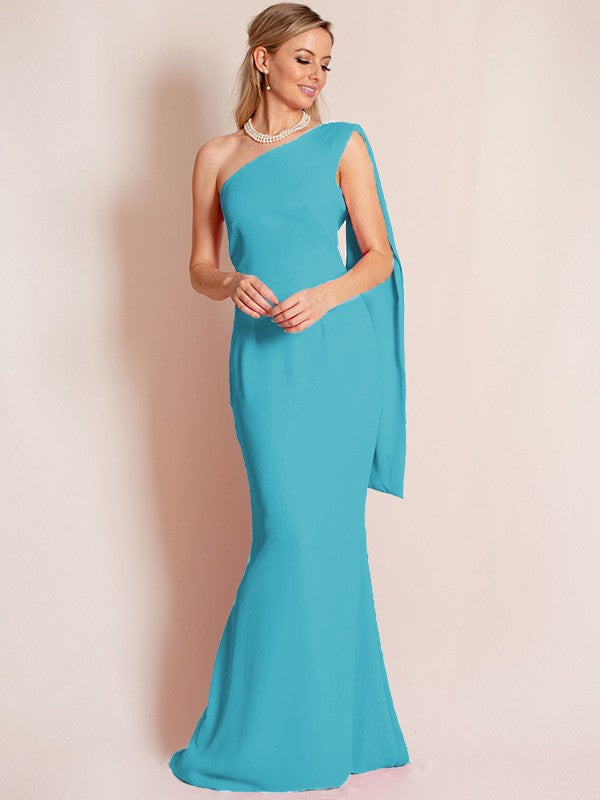 Sheath/Column Stretch Crepe Ruched One-Shoulder Sleeveless Floor-Length Mother of the Bride Dress