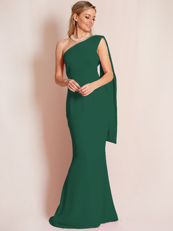 Sheath/Column Stretch Crepe Ruched One-Shoulder Sleeveless Floor-Length Mother of the Bride Dress