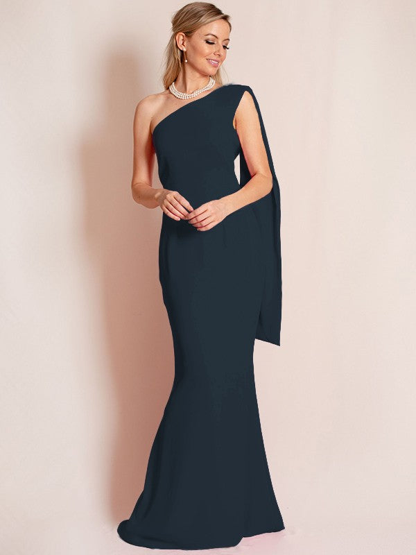 Sheath/Column Stretch Crepe Ruched One-Shoulder Sleeveless Floor-Length Mother of the Bride Dress