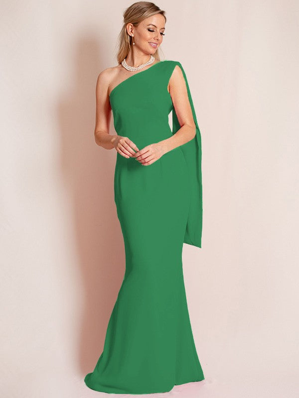 Sheath/Column Stretch Crepe Ruched One-Shoulder Sleeveless Floor-Length Mother of the Bride Dress