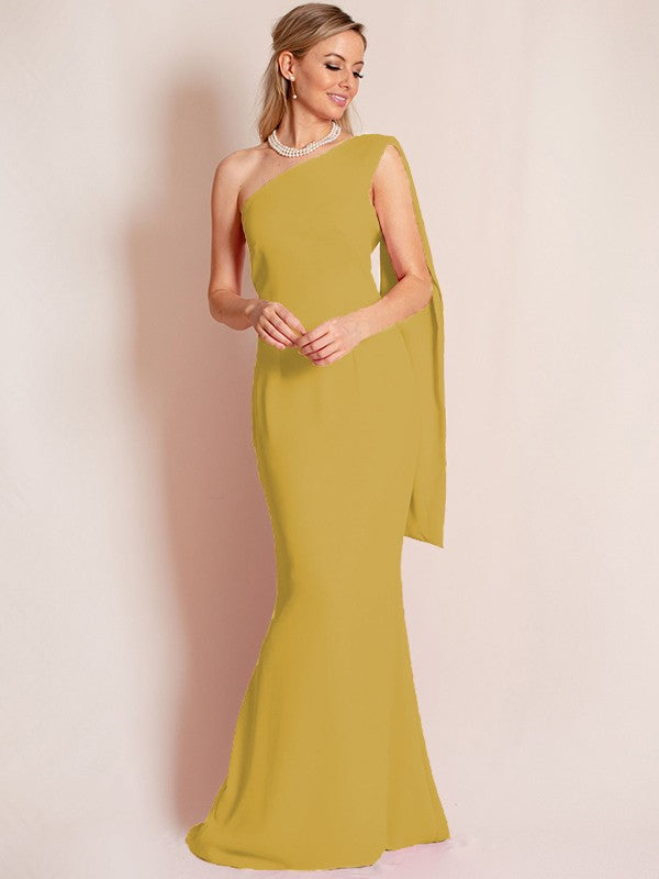 Sheath/Column Stretch Crepe Ruched One-Shoulder Sleeveless Floor-Length Mother of the Bride Dress
