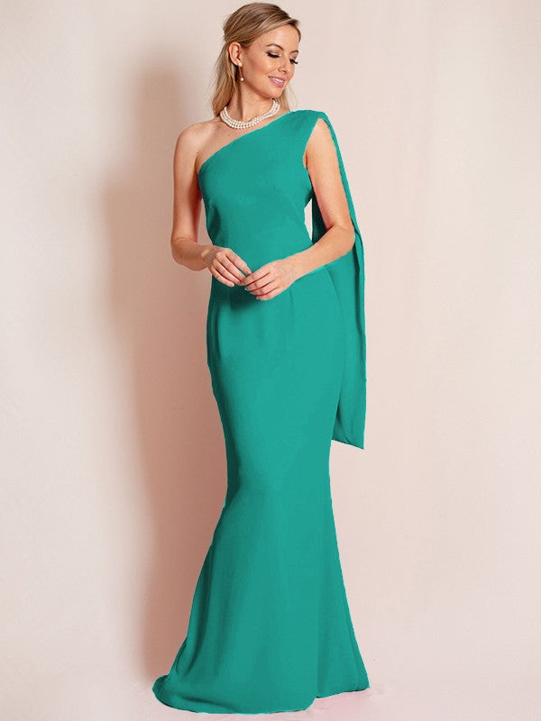 Sheath/Column Stretch Crepe Ruched One-Shoulder Sleeveless Floor-Length Mother of the Bride Dress