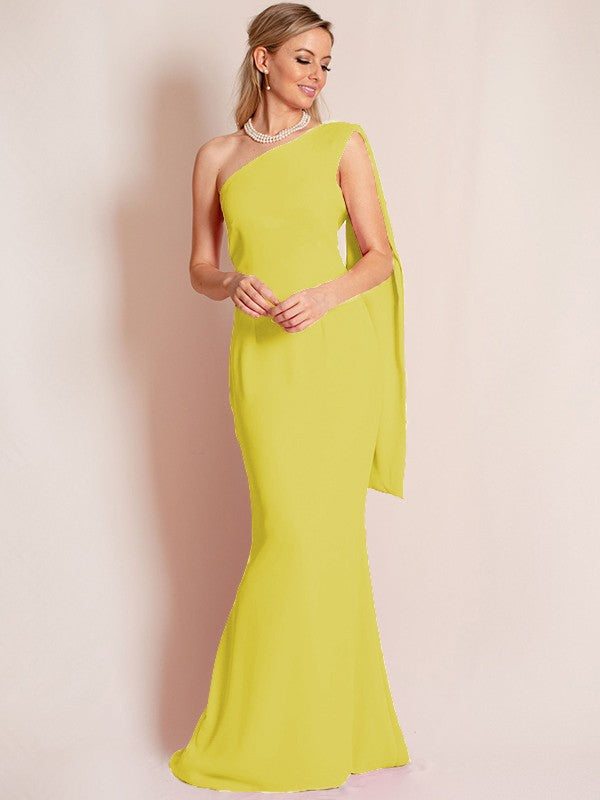 Sheath/Column Stretch Crepe Ruched One-Shoulder Sleeveless Floor-Length Mother of the Bride Dress