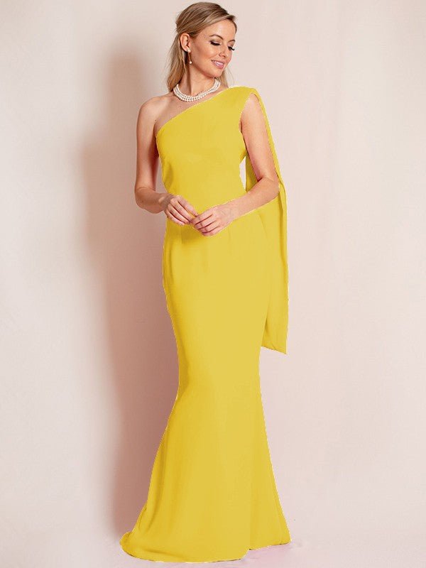 Sheath/Column Stretch Crepe Ruched One-Shoulder Sleeveless Floor-Length Mother of the Bride Dress