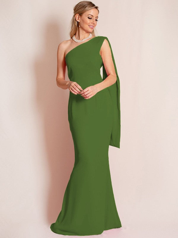 Sheath/Column Stretch Crepe Ruched One-Shoulder Sleeveless Floor-Length Mother of the Bride Dress