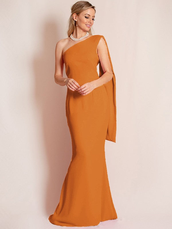 Sheath/Column Stretch Crepe Ruched One-Shoulder Sleeveless Floor-Length Mother of the Bride Dress