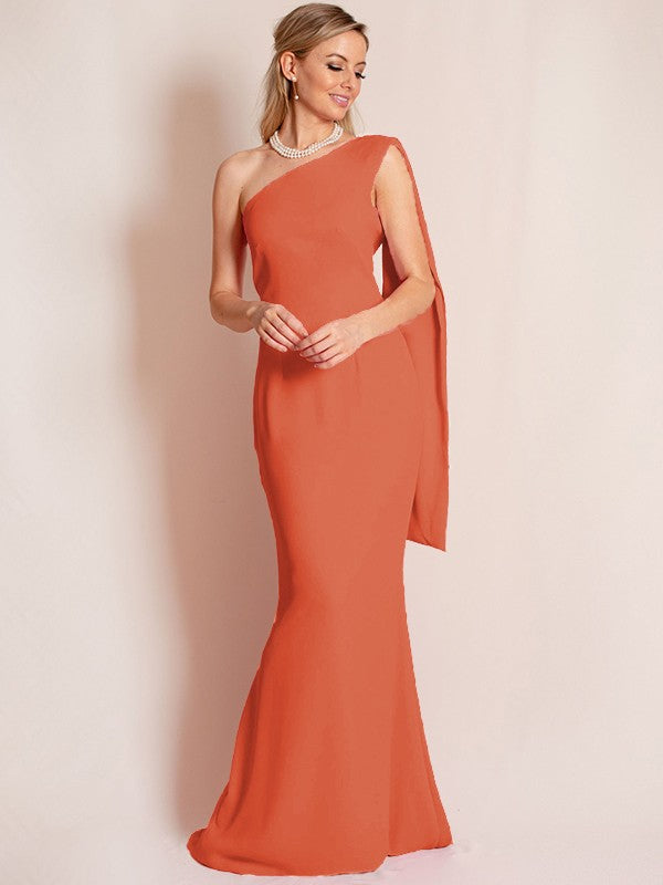 Sheath/Column Stretch Crepe Ruched One-Shoulder Sleeveless Floor-Length Mother of the Bride Dress