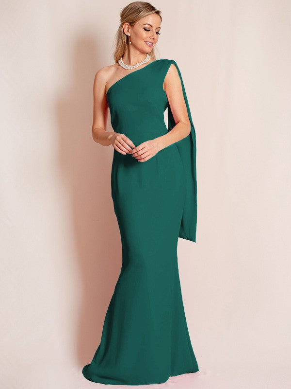 Sheath/Column Stretch Crepe Ruched One-Shoulder Sleeveless Floor-Length Mother of the Bride Dress