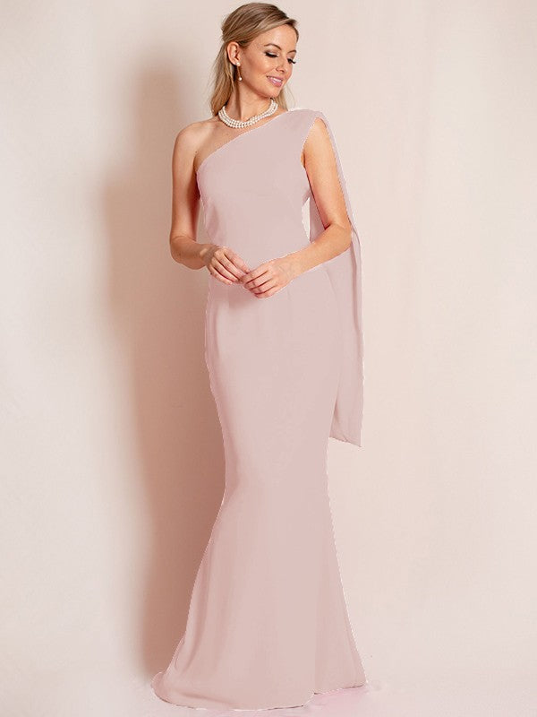 Sheath/Column Stretch Crepe Ruched One-Shoulder Sleeveless Floor-Length Mother of the Bride Dress