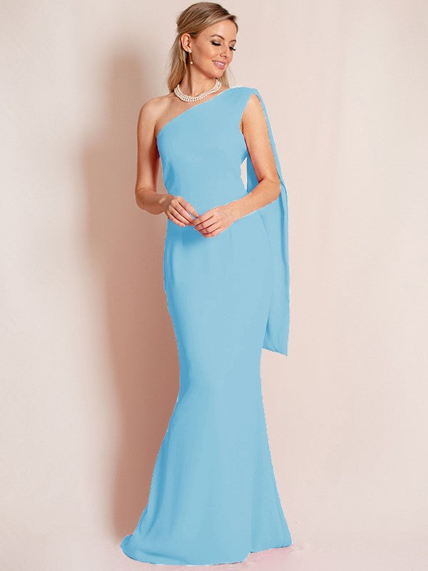 Sheath/Column Stretch Crepe Ruched One-Shoulder Sleeveless Floor-Length Mother of the Bride Dress