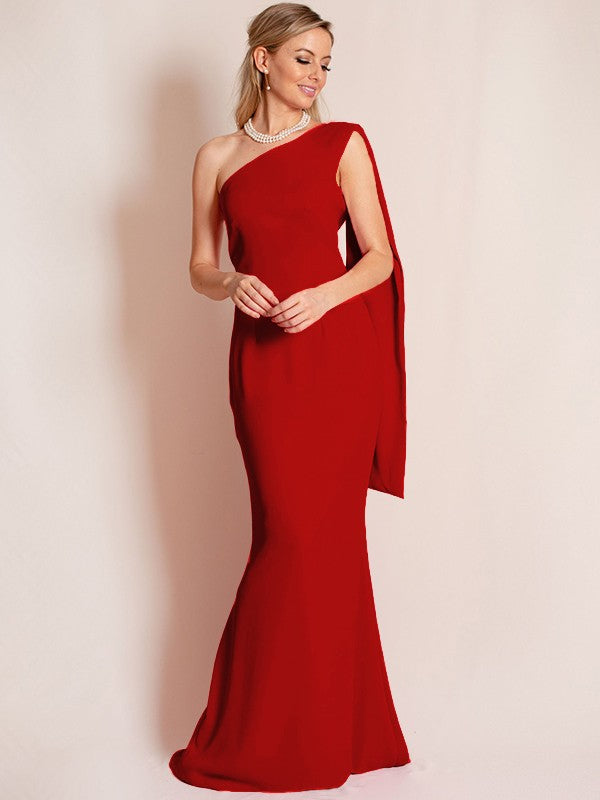 Sheath/Column Stretch Crepe Ruched One-Shoulder Sleeveless Floor-Length Mother of the Bride Dress
