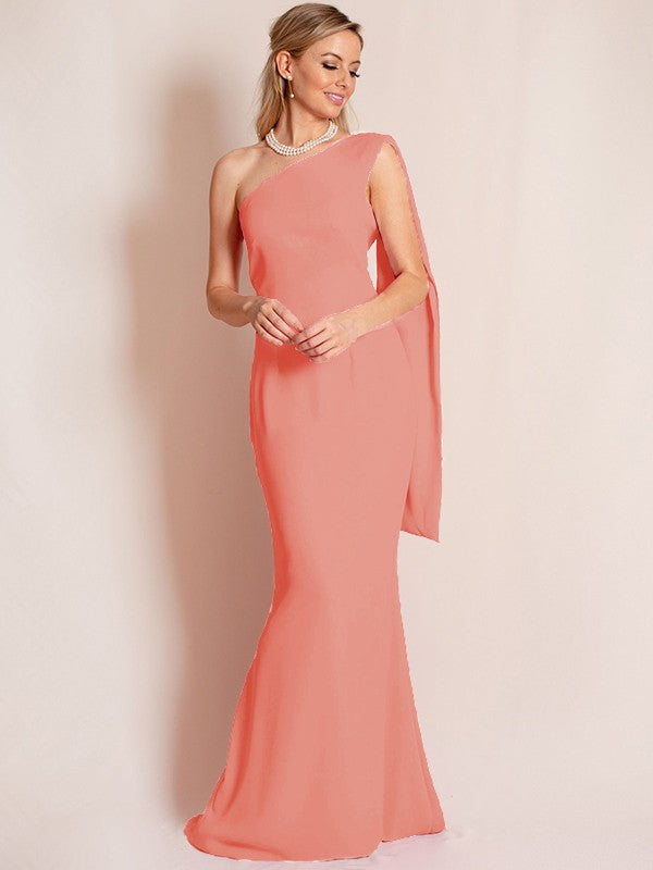 Sheath/Column Stretch Crepe Ruched One-Shoulder Sleeveless Floor-Length Mother of the Bride Dress