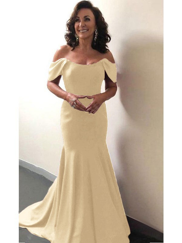 Trumpet/Mermaid Elastic Woven Satin Ruffles Off-the-Shoulder Sleeveless Sweep/Brush Train Mother of the Bride Dress