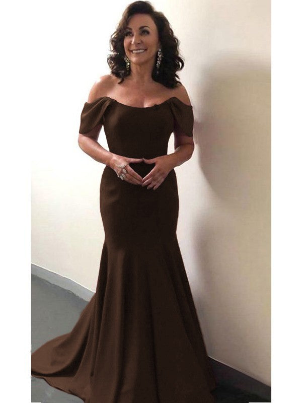 Trumpet/Mermaid Elastic Woven Satin Ruffles Off-the-Shoulder Sleeveless Sweep/Brush Train Mother of the Bride Dress