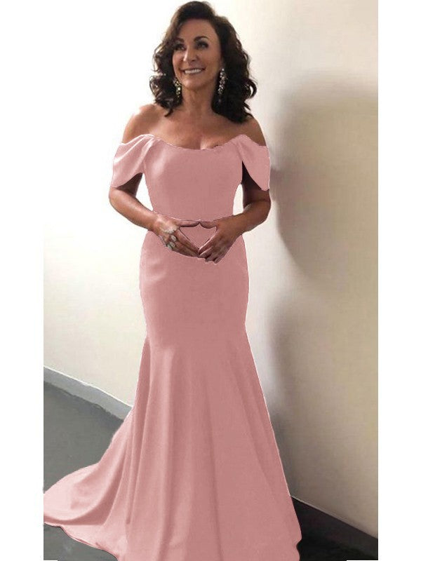 Trumpet/Mermaid Elastic Woven Satin Ruffles Off-the-Shoulder Sleeveless Sweep/Brush Train Mother of the Bride Dress
