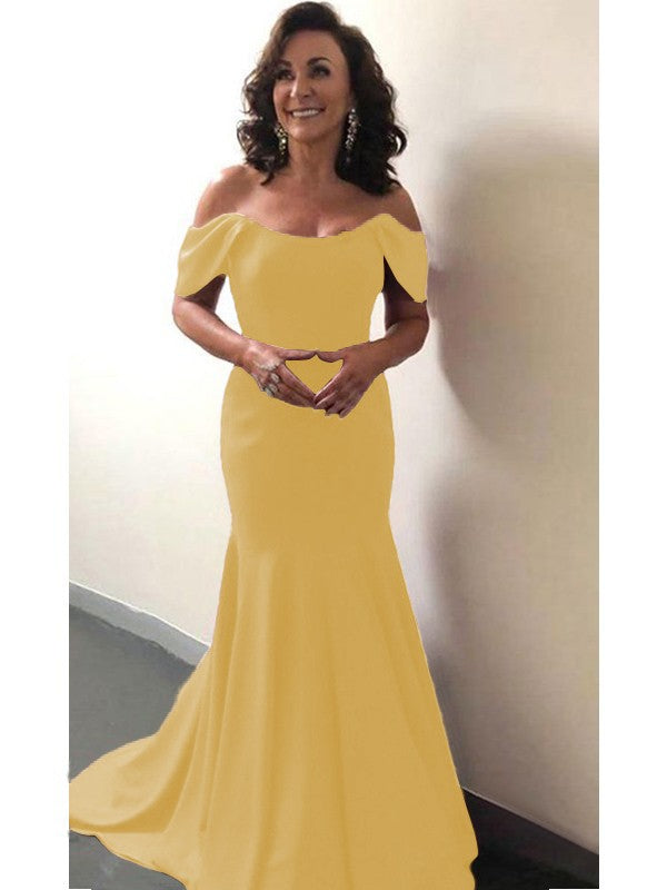 Trumpet/Mermaid Elastic Woven Satin Ruffles Off-the-Shoulder Sleeveless Sweep/Brush Train Mother of the Bride Dress