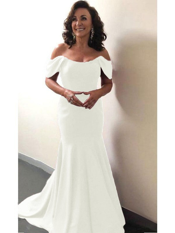Trumpet/Mermaid Elastic Woven Satin Ruffles Off-the-Shoulder Sleeveless Sweep/Brush Train Mother of the Bride Dress