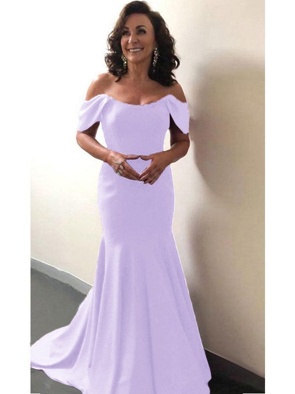 Trumpet/Mermaid Elastic Woven Satin Ruffles Off-the-Shoulder Sleeveless Sweep/Brush Train Mother of the Bride Dress