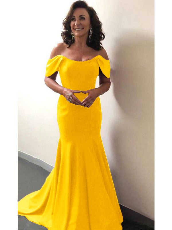 Trumpet/Mermaid Elastic Woven Satin Ruffles Off-the-Shoulder Sleeveless Sweep/Brush Train Mother of the Bride Dress