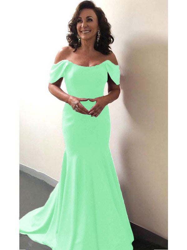 Trumpet/Mermaid Elastic Woven Satin Ruffles Off-the-Shoulder Sleeveless Sweep/Brush Train Mother of the Bride Dress
