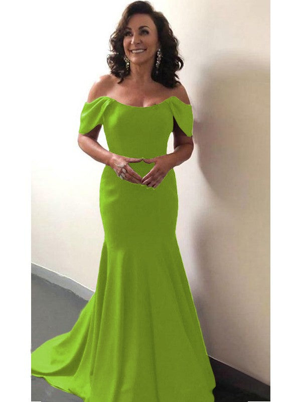 Trumpet/Mermaid Elastic Woven Satin Ruffles Off-the-Shoulder Sleeveless Sweep/Brush Train Mother of the Bride Dress
