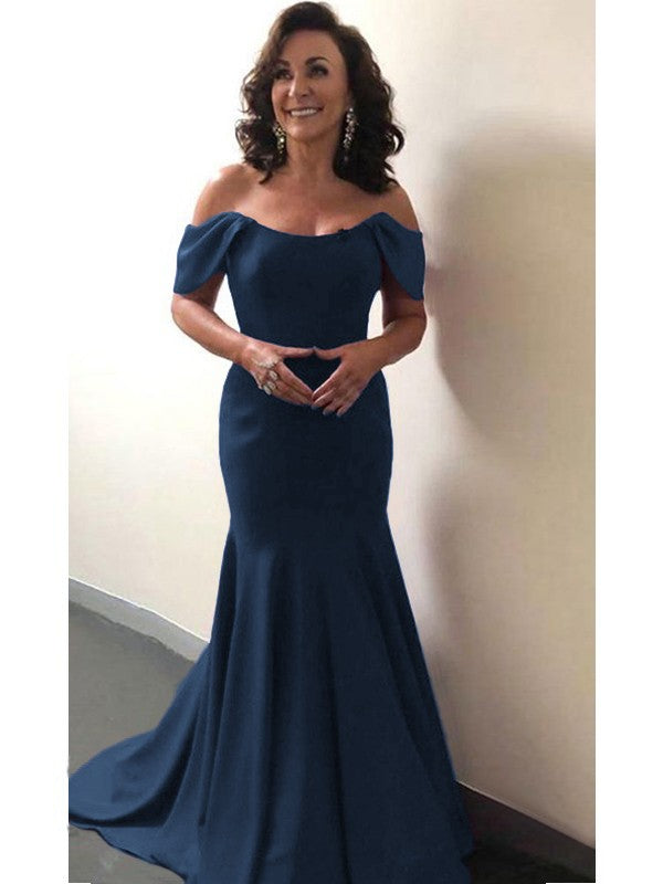 Trumpet/Mermaid Elastic Woven Satin Ruffles Off-the-Shoulder Sleeveless Sweep/Brush Train Mother of the Bride Dress