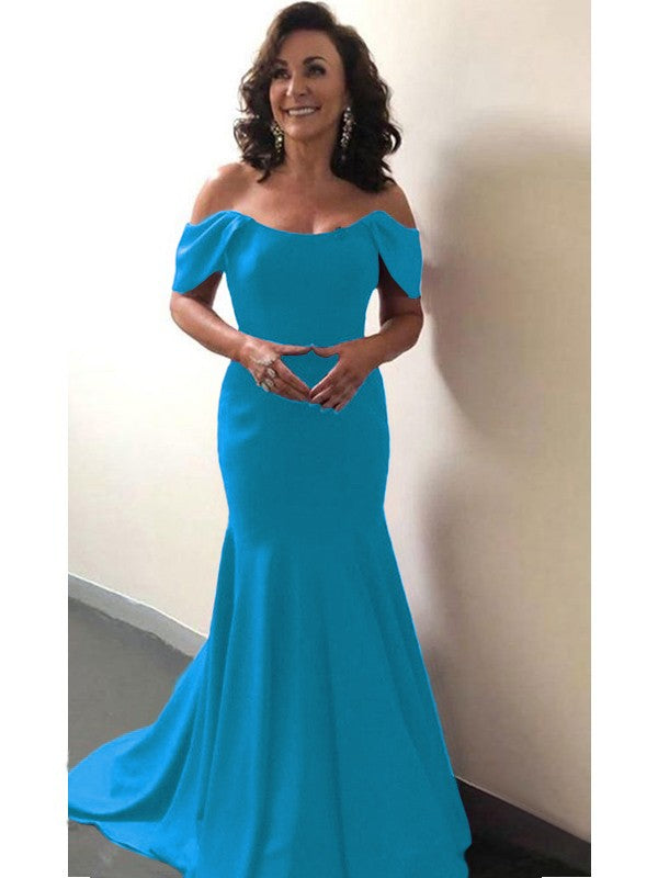 Trumpet/Mermaid Elastic Woven Satin Ruffles Off-the-Shoulder Sleeveless Sweep/Brush Train Mother of the Bride Dress