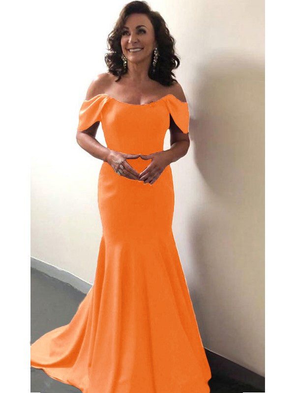 Trumpet/Mermaid Elastic Woven Satin Ruffles Off-the-Shoulder Sleeveless Sweep/Brush Train Mother of the Bride Dress