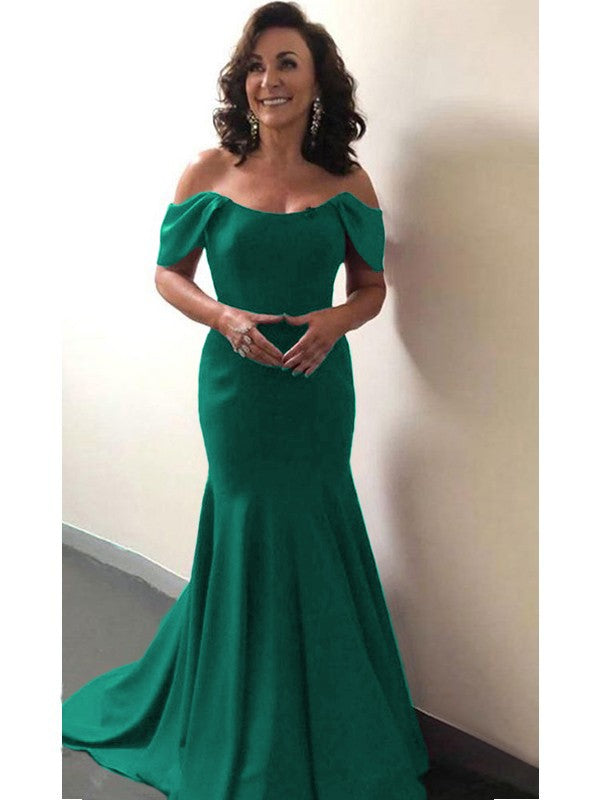 Trumpet/Mermaid Elastic Woven Satin Ruffles Off-the-Shoulder Sleeveless Sweep/Brush Train Mother of the Bride Dress