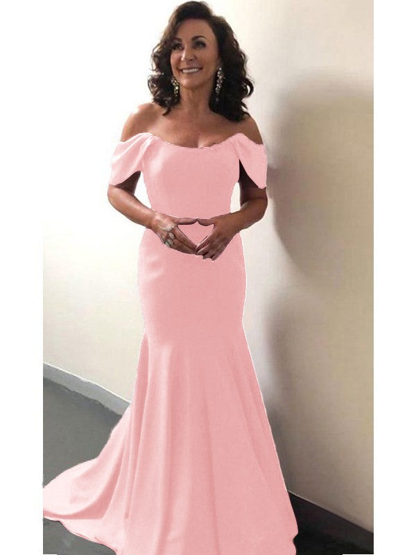 Trumpet/Mermaid Elastic Woven Satin Ruffles Off-the-Shoulder Sleeveless Sweep/Brush Train Mother of the Bride Dress