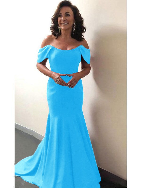 Trumpet/Mermaid Elastic Woven Satin Ruffles Off-the-Shoulder Sleeveless Sweep/Brush Train Mother of the Bride Dress
