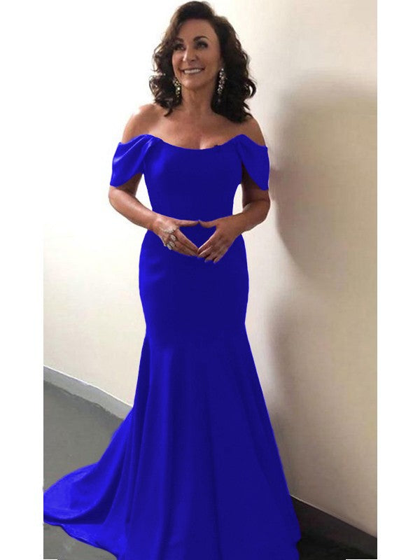 Trumpet/Mermaid Elastic Woven Satin Ruffles Off-the-Shoulder Sleeveless Sweep/Brush Train Mother of the Bride Dress