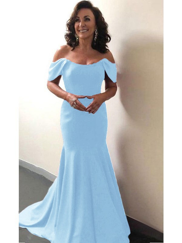 Trumpet/Mermaid Elastic Woven Satin Ruffles Off-the-Shoulder Sleeveless Sweep/Brush Train Mother of the Bride Dress