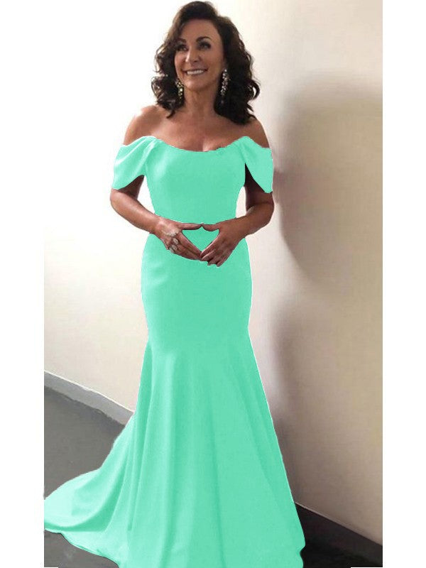 Trumpet/Mermaid Elastic Woven Satin Ruffles Off-the-Shoulder Sleeveless Sweep/Brush Train Mother of the Bride Dress